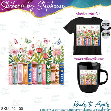 (s02-100) Books Floral Flowers Graphic Iron-On Transfer or Sticker