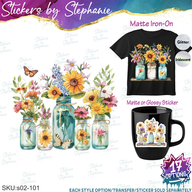 (s02-101) Wildflower Mason Jar Wildflowers Graphic Iron-On Transfer or Sticker