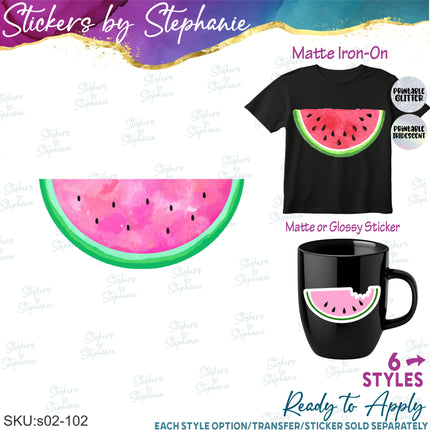 (s02-102) Watermelon Half Slice Watercolor Graphic Iron-On Transfer or Sticker