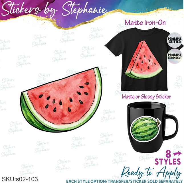 (s02-103) Red Watermelon Half Slice Whole Graphic Iron-On Transfer