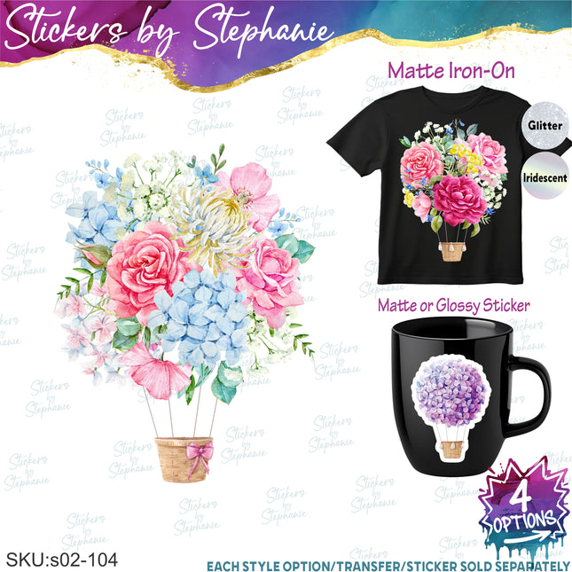 (s02-104) Hydrangeas Flowers Hot Air Balloon Graphic Iron-On Transfer or Sticker