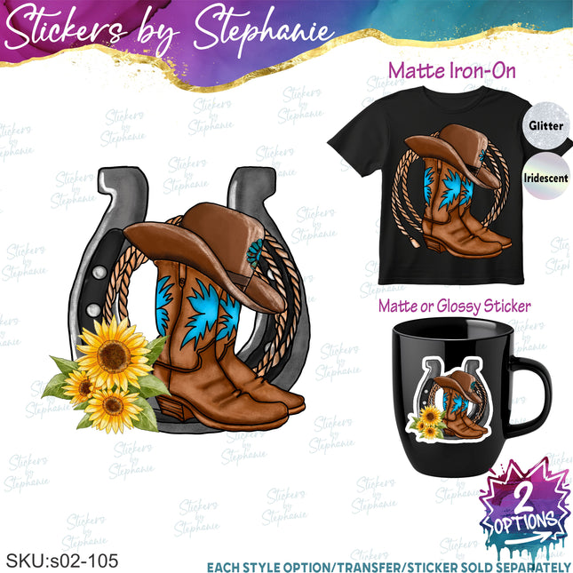 (s02-105) Cowboy Boots Horseshoe Rope Graphic Iron-On Transfer or Sticker