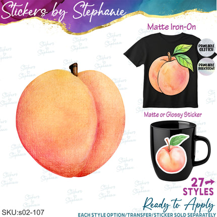 (s02-107) Peach Fruit Peaches Flowers Graphic Iron-On Transfer or Sticker