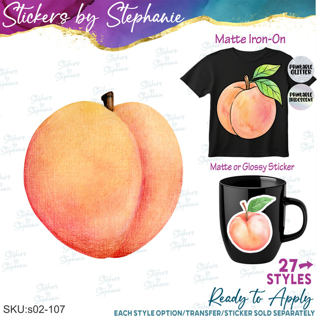 (s02-107) Peach Fruit Peaches Flowers Graphic Iron-On Transfer or Sticker