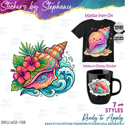 (s02-108) Colorful Neon Seashells Shells Watercolor Graphic Iron-On Transfer or Sticker