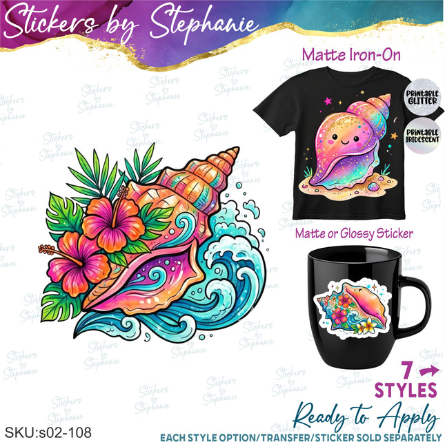(s02-108) Colorful Neon Seashells Shells Watercolor Graphic Iron-On Transfer or Sticker