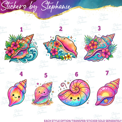 (s02-108) Colorful Neon Seashells Shells Watercolor Graphic Iron-On Transfer or Sticker