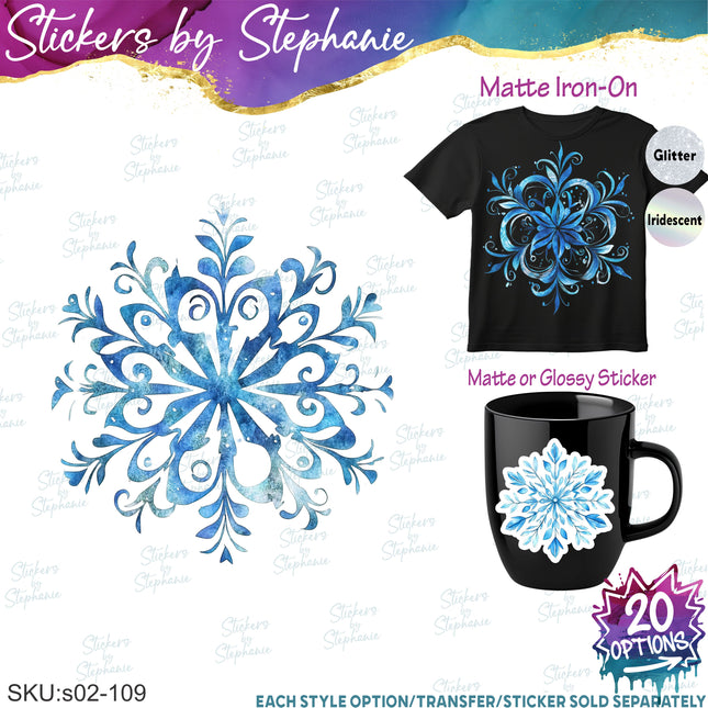 (s02-109) Snowflakes Snow Watercolor Graphic Iron-On Transfer or Sticker