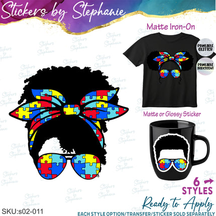 (s02-011) Messy Bun African American Autism Puzzle Print Sunglasses Graphic Iron-On Transfer or Sticker