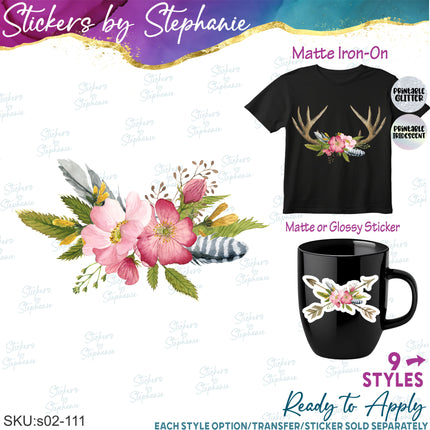 (s02-111) Pink Rose Roses Arrow Antlers Graphic Iron-On Transfer or Sticker