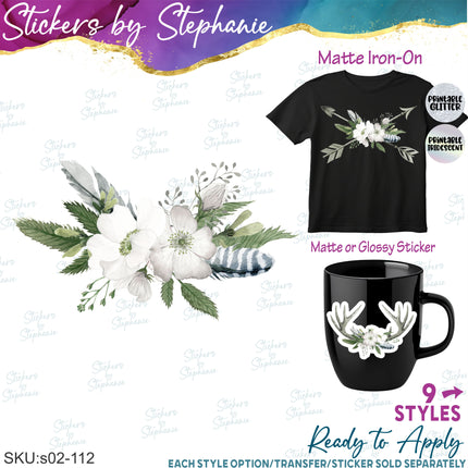 (s02-112) White Roses Cow Skull Arrow Graphic Iron-On Transfer or Sticker
