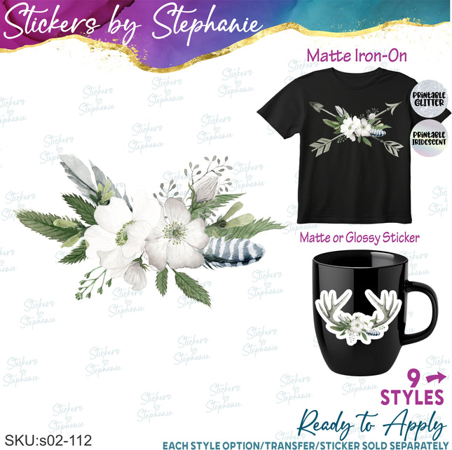 (s02-112) White Roses Cow Skull Arrow Graphic Iron-On Transfer or Sticker