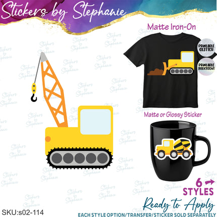 (s02-114) Yellow Construction Vehicles Graphic Iron-On Transfer or Sticker
