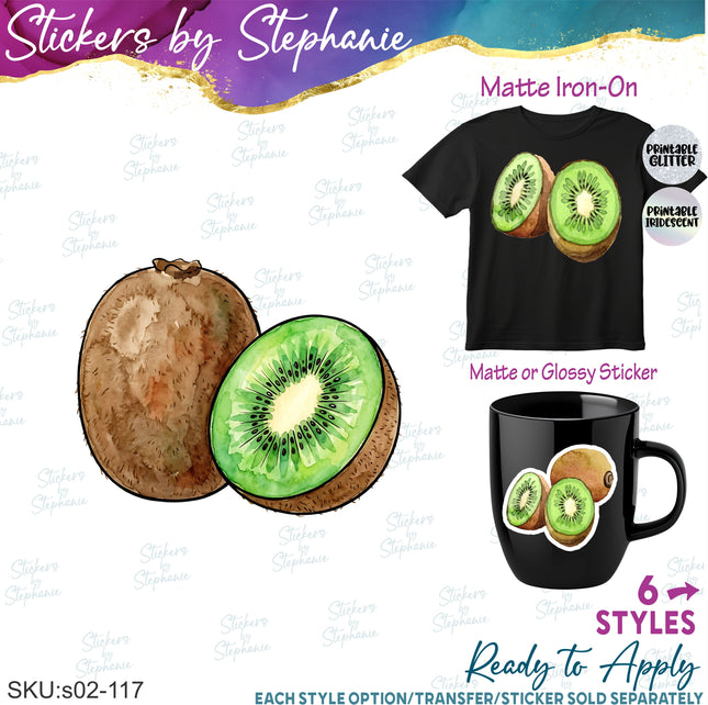 (s02-117) Kiwi Fruit Watercolor Graphic Iron-On Transfer or Sticker