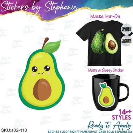 (s02-118) Kawaii Avocado Illustrated Graphic Iron-On Transfer or Sticker