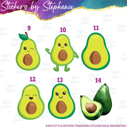 (s02-118) Kawaii Avocado Illustrated Graphic Iron-On Transfer or Sticker