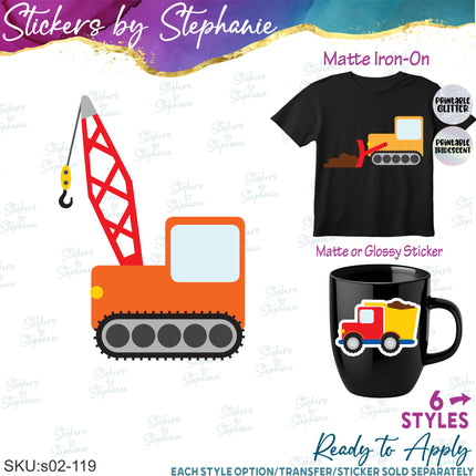 (s02-119) Colorful Construction Vehicles Graphic Iron-On Transfer or Sticker