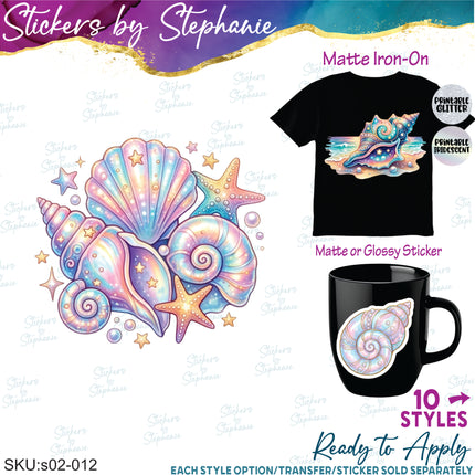(s02-012) Pastel Seashells Shells Watercolor Graphic Iron-On Transfer or Sticker