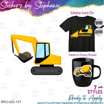 (s02-121) Construction Vehicles Graphic Iron-On Transfer or Sticker