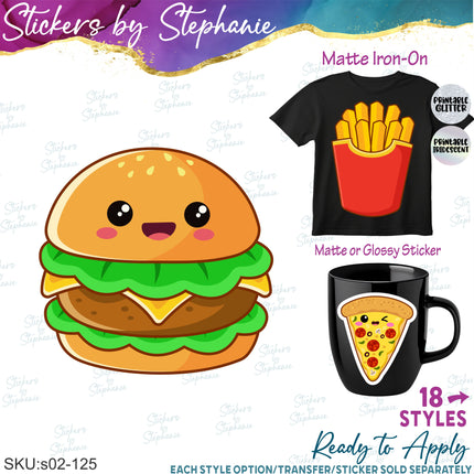 (s02-125) Kawaii Fast Food Hamburger Pizza Graphic Iron-On Transfer or Sticker