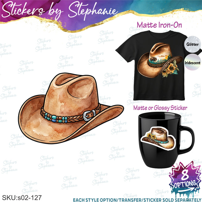 (s02-127) Cowboy Hat Graphic Iron-On Transfer or Sticker or Sticker
