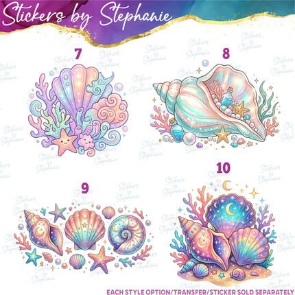 (s02-012) Pastel Seashells Shells Watercolor Graphic Iron-On Transfer or Sticker