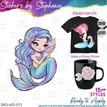 (s02-013) Mermaid Illustrated Graphic Iron-On Transfer or Sticker