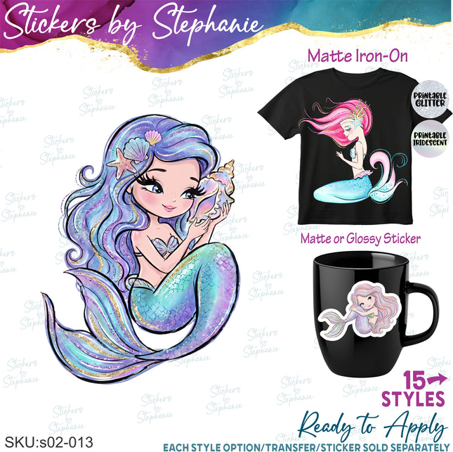 (s02-013) Mermaid Illustrated Graphic Iron-On Transfer or Sticker