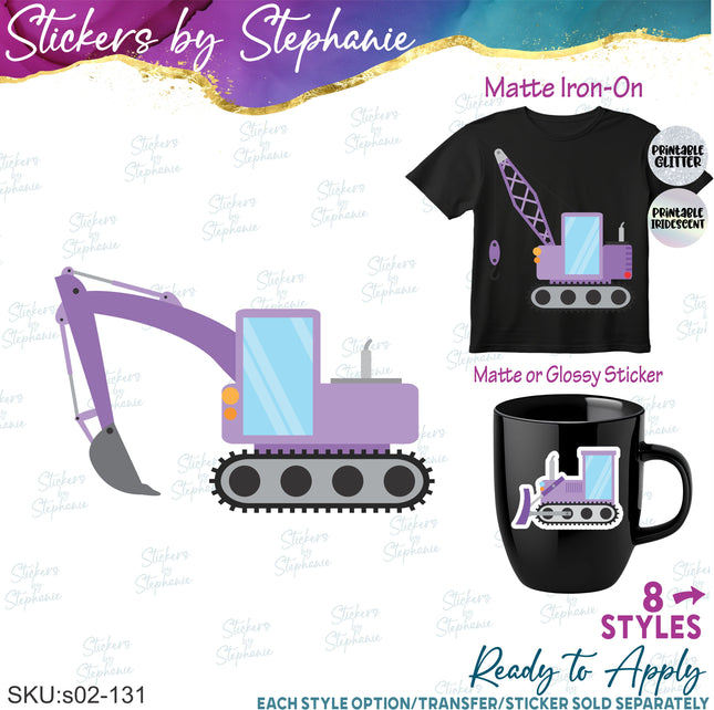 (s02-131) Purple Construction Vehicles Graphic Iron-On Transfer or Sticker