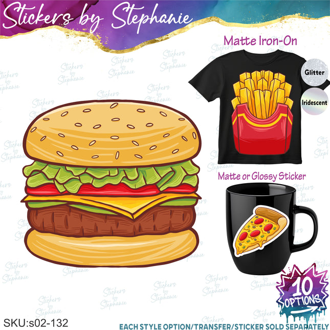 (s02-132) Fast Food Hamburger Pizza French Fries Graphic Iron-On Transfer or Sticker