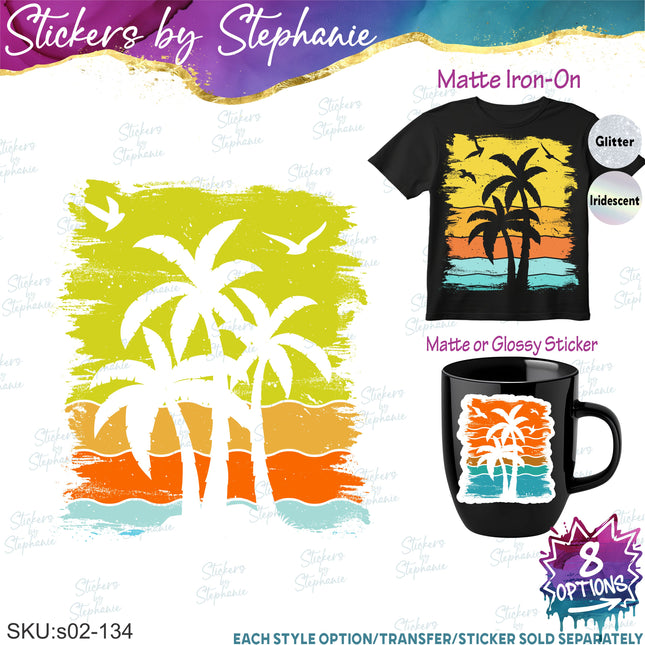 (s02-134) Retro Sunset Palm Trees Graphic Iron-On Transfer or Sticker