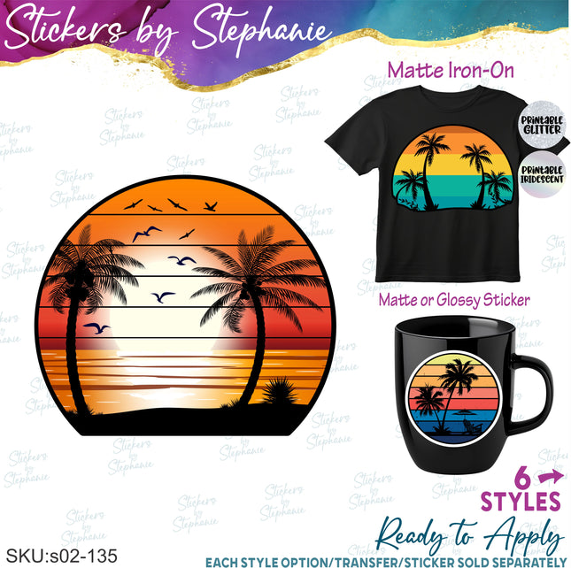 (s02-135) Retro Sunset Palm Trees Graphic Iron-On Transfer