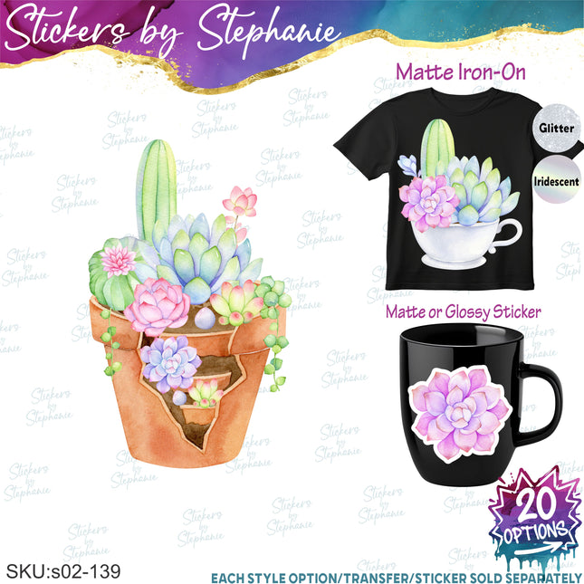 (s02-139) Succulents Cactus Flowers Watercolor Graphic Iron-On Transfer or Sticker
