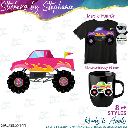 (s02-141) Pink Purple Monster Trucks Graphic Iron-On Transfer or Sticker