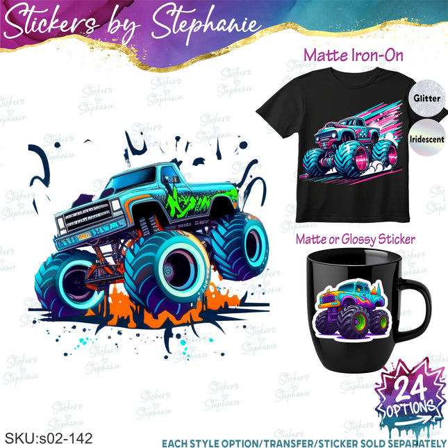 (s02-142) Colorful Monster Trucks Graphic Iron-On Transfer or Sticker
