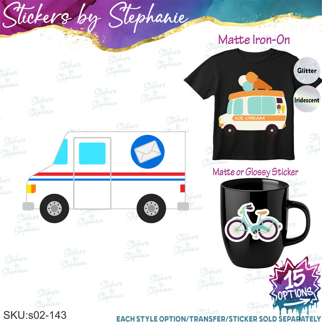 (s02-143) Mail Truck Ice Cream Bicycle Delivery Graphic Iron-On Transfer or Sticker
