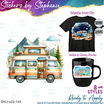 (s02-144) Camper Van Trailer Camping Graphic Iron-On Transfer or Sticker