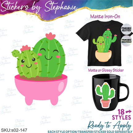(s02-147) Kawaii Cactus Succulents Illustrated Graphic Iron-On Transfer or Sticker