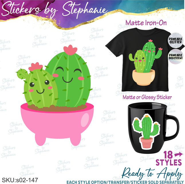 (s02-147) Kawaii Cactus Succulents Illustrated Graphic Iron-On Transfer