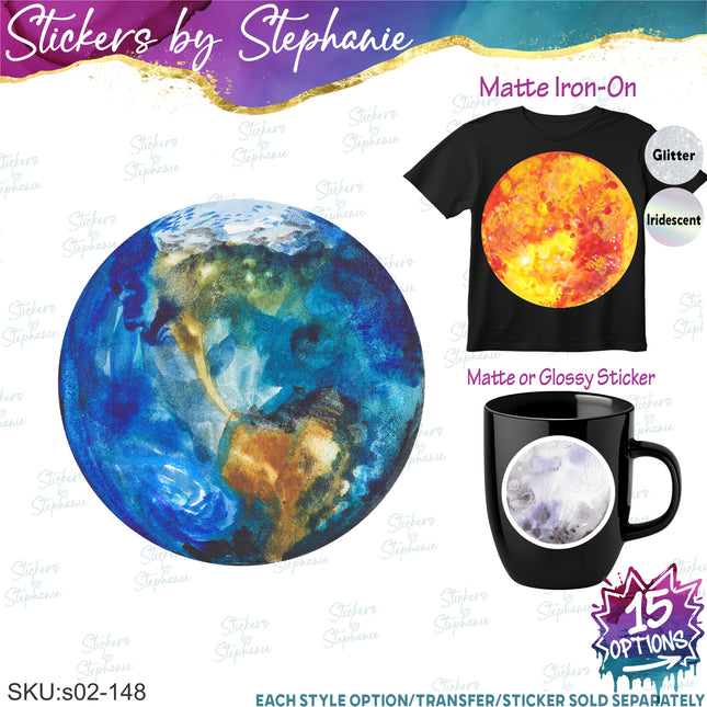 (s02-148) Watercolor Planets Sun Moon Earth Graphic Iron-On Transfer or Sticker
