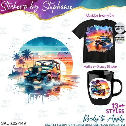 (s02-149) Jeep 4x4 Beach Graphic Iron-On Transfer or Sticker