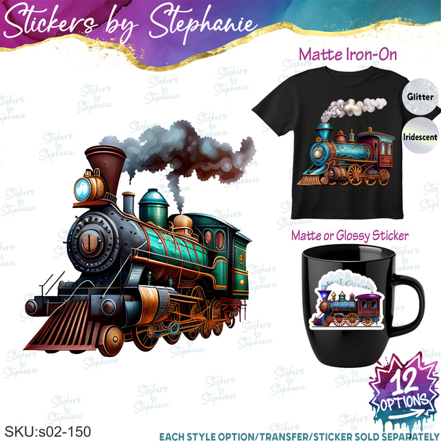 (s02-150) Vintage Steam Train Graphic Iron-On Transfer or Sticker