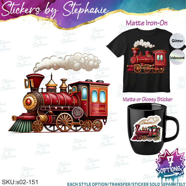 (s02-151) Red Vintage Steam Train Graphic Iron-On Transfer or Sticker