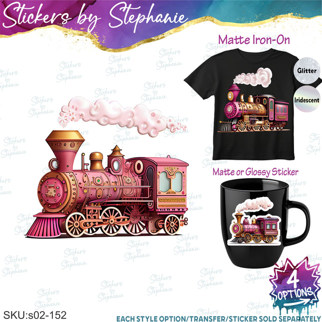 (s02-152) Pink Vintage Steam Train Graphic Iron-On Transfer or Sticker