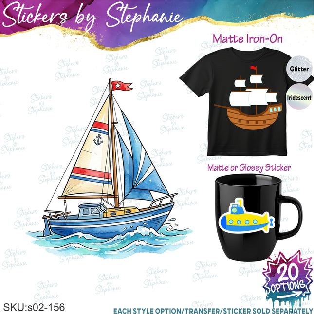 (s02-156) Sailboat Submarine Cruise Ship Graphic Iron-On Transfer or Sticker