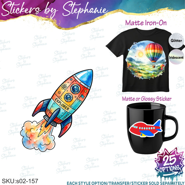 (s02-157) Hot Air Balloon Space Shuttle Plane Graphic Iron-On Transfer or Sticker