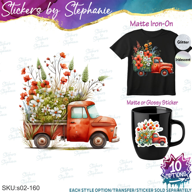 (s02-160) Red Vintage Truck Flowers Graphic Iron-On Transfer or Sticker