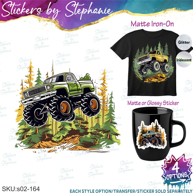 (s02-164) Monster Truck Forest Graphic Iron-On Transfer or Sticker