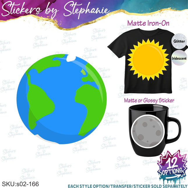 (s02-166) Planets Earth Sun Moon Illustrated Graphic Iron-On Transfer or Sticker