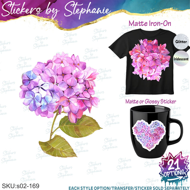 (s02-169) Hydrangea Purple Hydrangeas Graphic Iron-On Transfer or Sticker